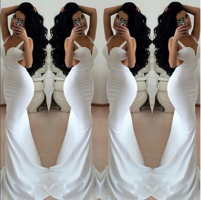 Modern White Mermaid Prom Dresses Backless Sleeveless view 2