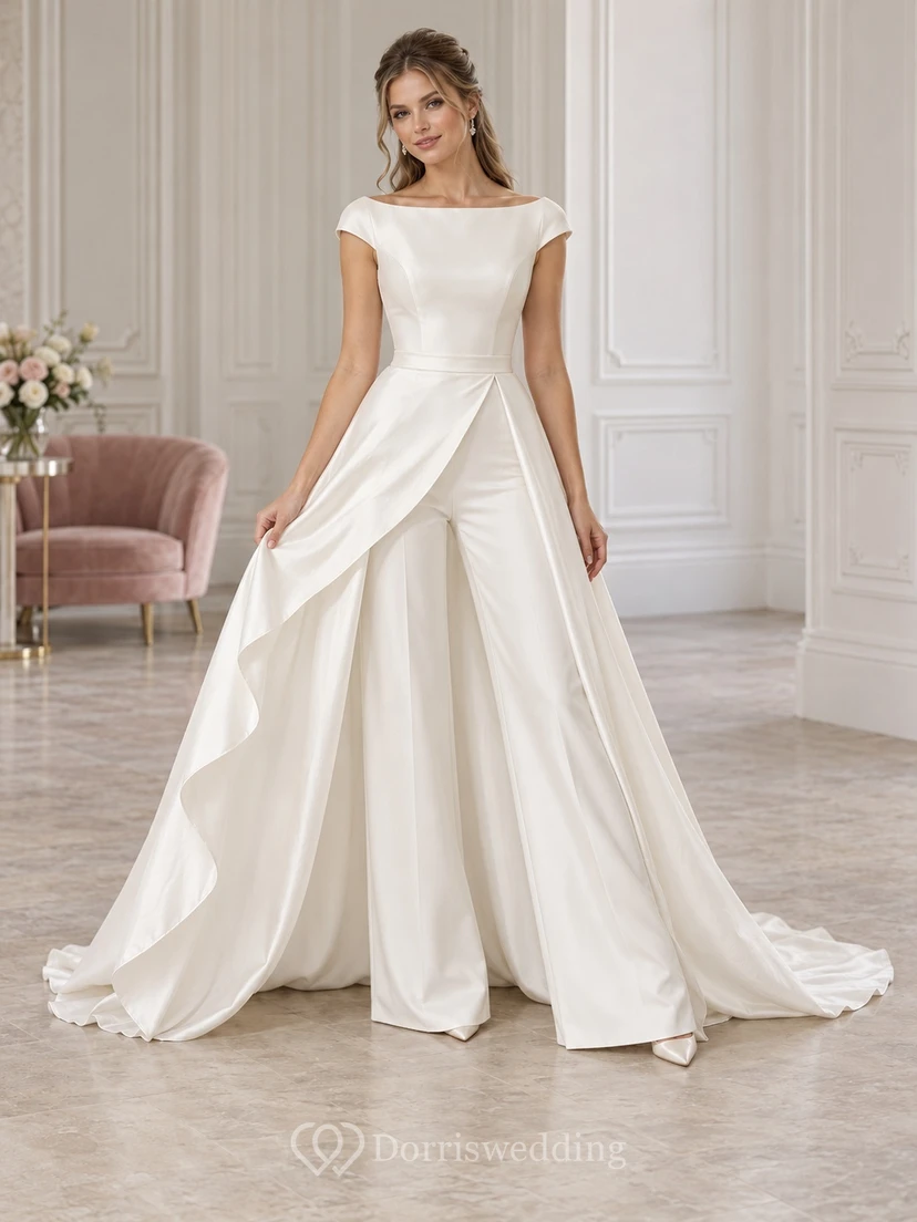 Boat Neck Cap Sleeve Asymmetric Overskirt Wide Bridal Jumpsuit