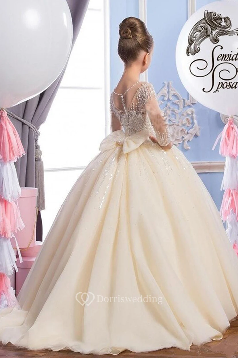 Ball Gown Tulle Scoop Illusion Sleeve Beading Flower Girl First Communion Dress view 2