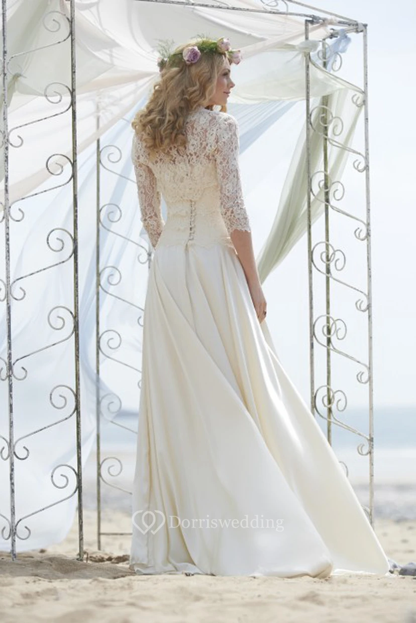 A-Line 3-4-Sleeve Floor-Length Strapless Chiffon Modest Wedding Dress With Lace And Illusion view 2