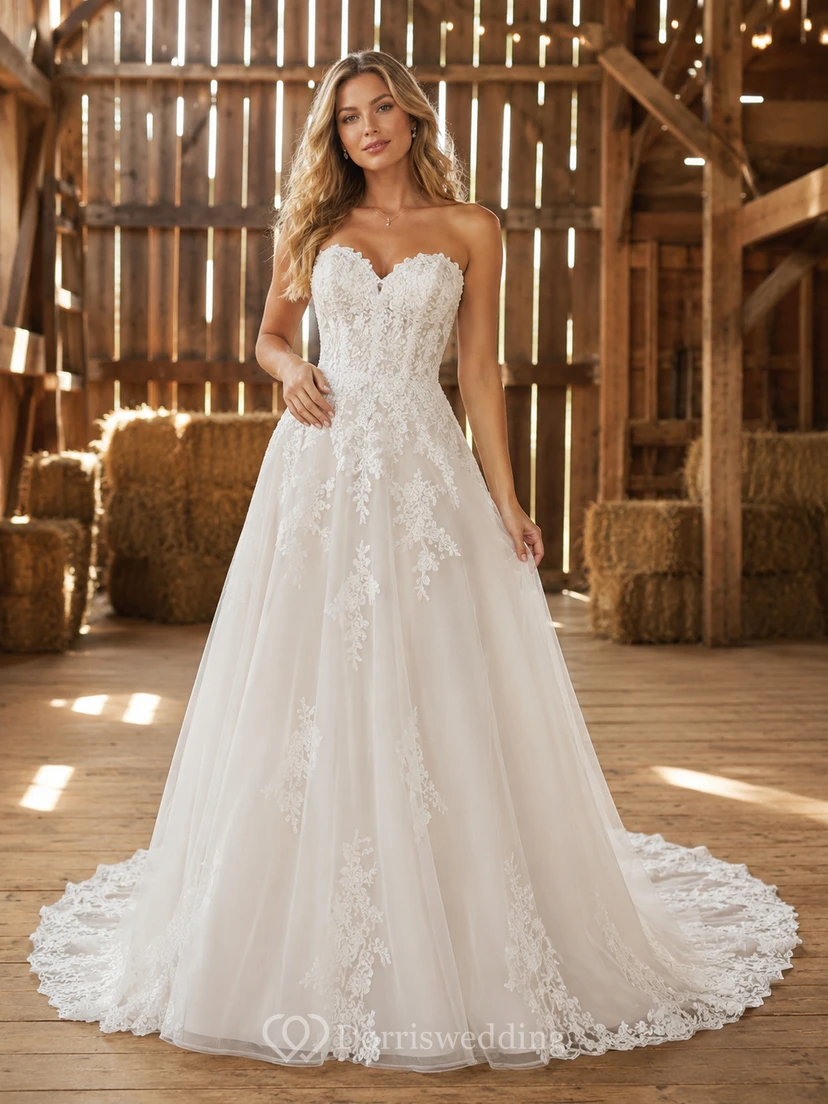 Boho-Hochzeitskleid aus Spitze, A-Linie, trägerlos, mit Schleppe und tiefem V-Ausschnitt am Rücken