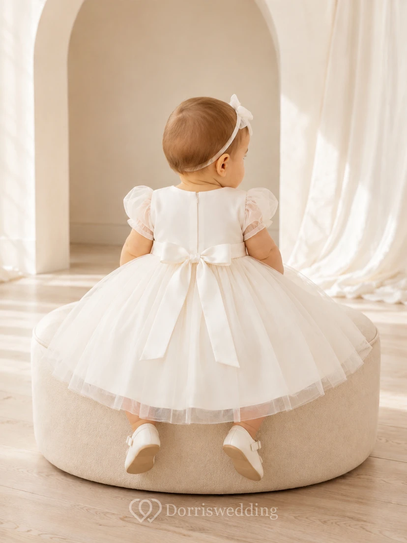 Modern Baby Baptism Christening Ceremony Dress A-Line Knee-Length Jewel Neck Puff Sleeve Tulle Bow Back Button Back view 2