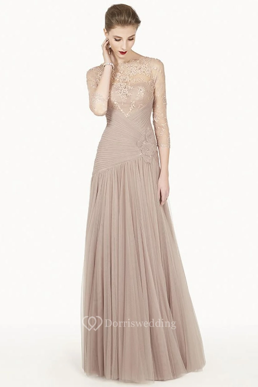 Bateau 3-4 Sleeve Lace Top Tulle Long Prom Dress With Flower And Illusion Back