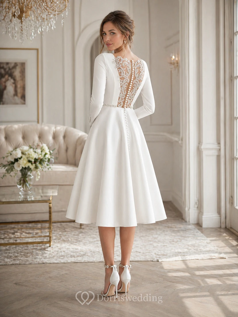 tea length a line dress with sleeves White Short Sleeve Tea Length Dress by Ladivine CD0187W