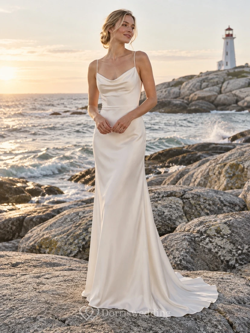 Sencillo vestido de novia de satén con escote drapeado, tirantes finos, espalda baja y cola.