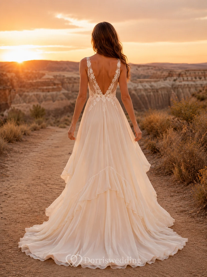 Boho High-low V-neck Chiffon Lace Desert Elopement Dress view 2