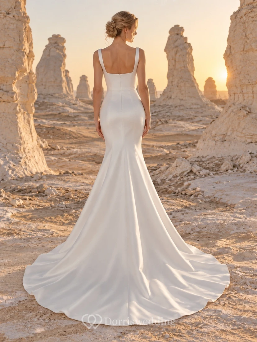 Vestido de novia sencillo de corte sirena, escote cuadrado, sin mangas, de satén, con tirantes anchos y cola ajustada a la cadera. view 2