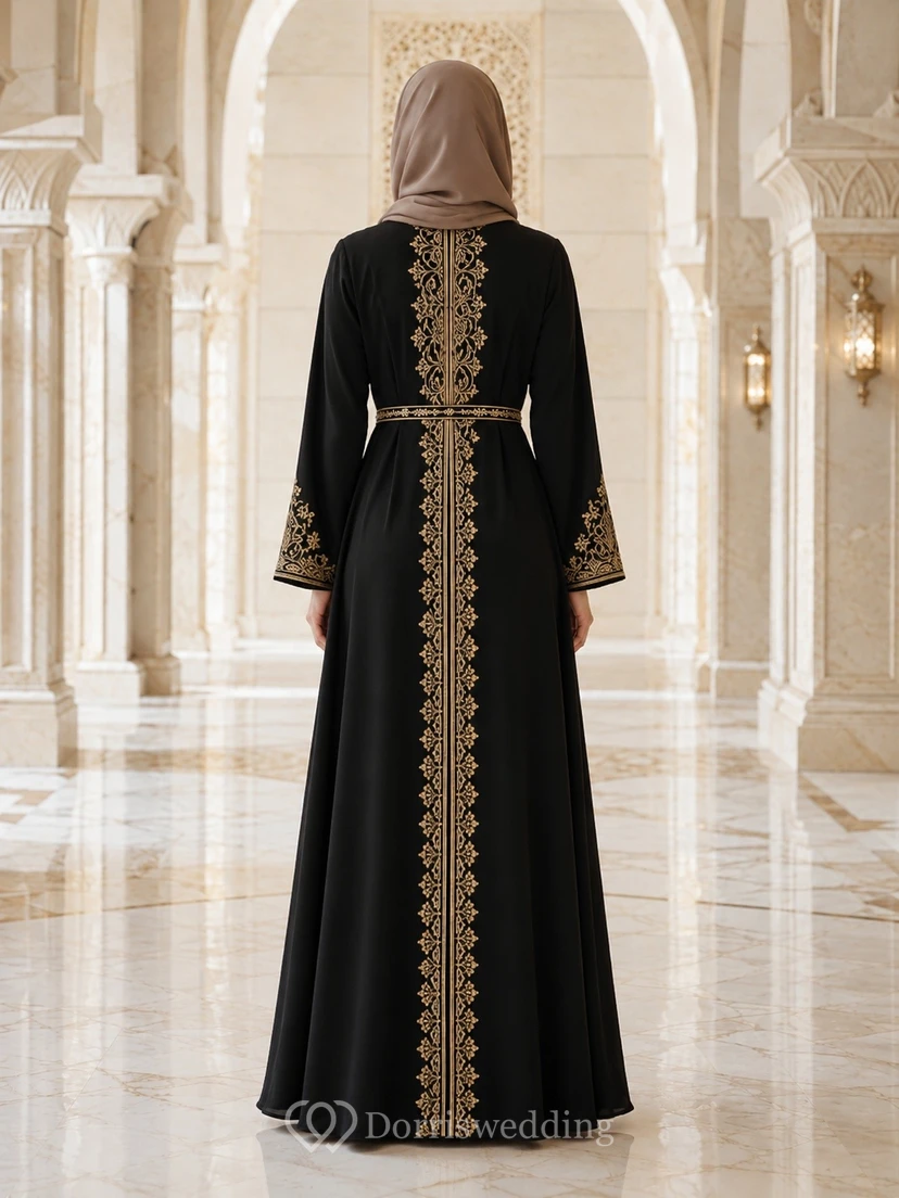Black Jersey High Neck Long Sleeve Embroidered Modest Maxi Dress view 2