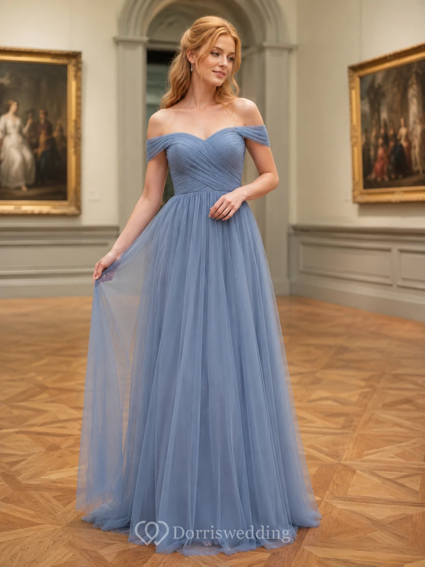 Museum Formal Steel Blue Romantic Elegant Princess Ball Gown Tulle Bridesmaid Dress with Off Shoulder Sweetheart Short Sleeve Floor-Length Low Back