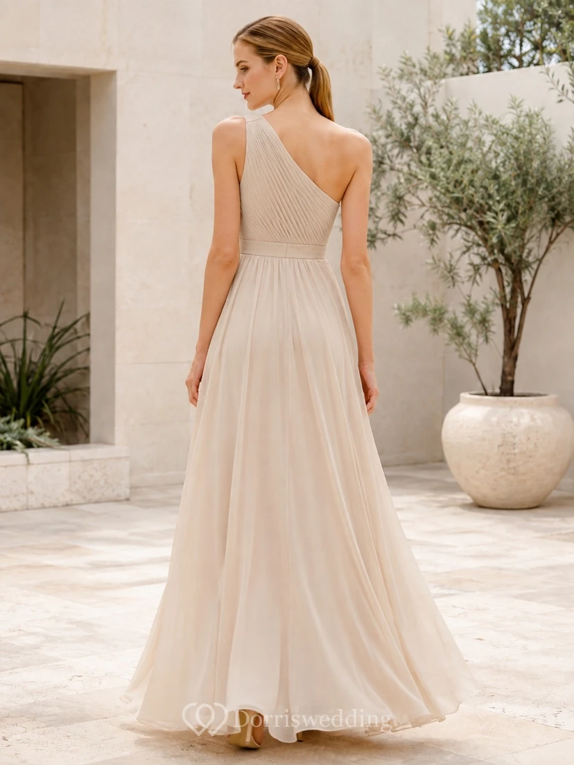 Champagne Elegant One-Shoulder Sleeveless Chiffon A-Line Floor-Length Evening Dress view 2