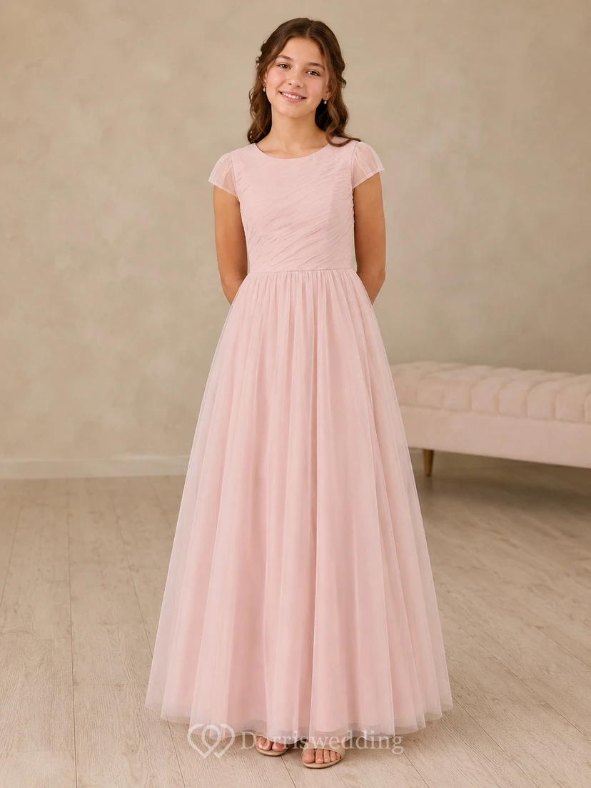 Perlmuttrosa Brautjungfernkleid, A-Linie, Rundhalsausschnitt, kurze Blütenblattärmel, Tüll, bezaubernd