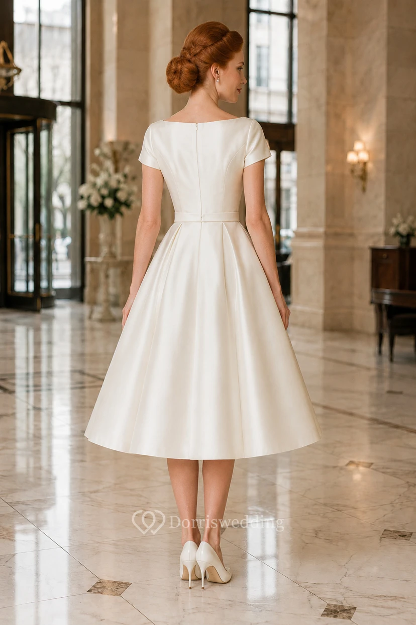 Robe de mariée en satin à col bateau, manches courtes et longueur thé, à encolure bateau view 2