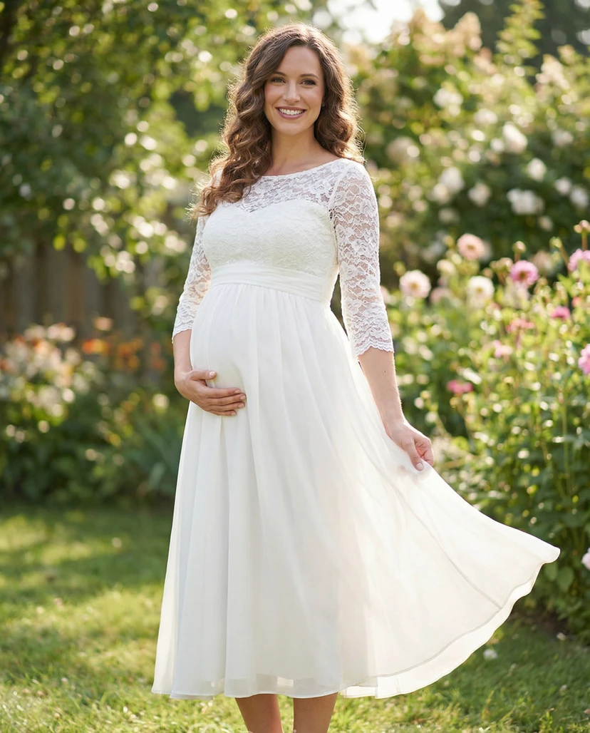 Weißes Umstandsbrautkleid aus Spitze mit 3/4-Ärmeln und Chiffonrock