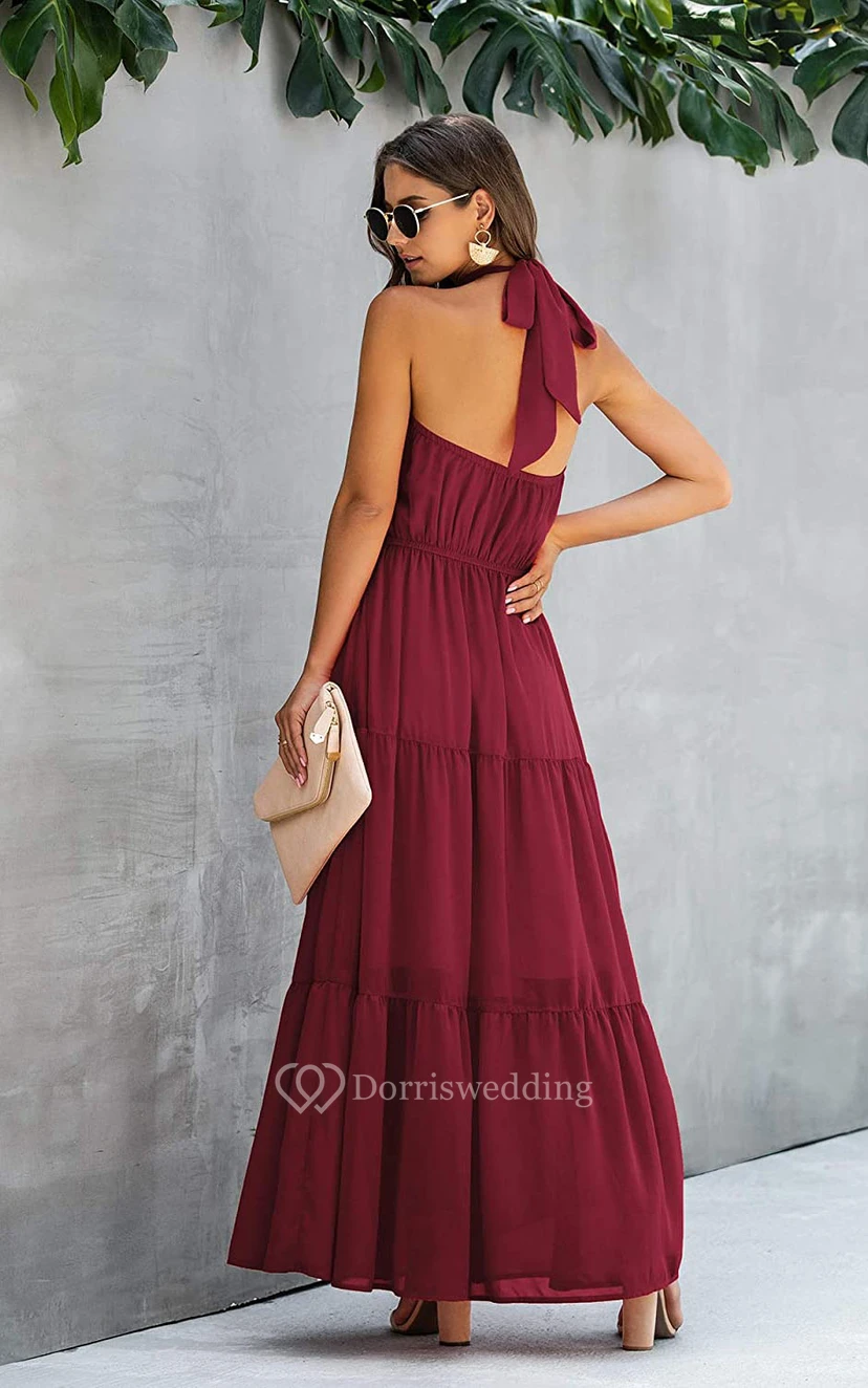 Simple Chiffon Halter A Line Sleeveless Prom Formal Dress With Ruffles view 4