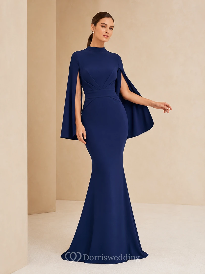 Royal Blue Bateau Crepe Cape Sleeve Evening Dress