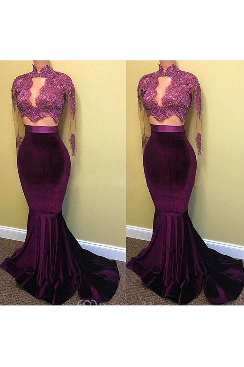 Mermaid Trumpet Satin Lace High Neck Long Sleeve Illusion Dress