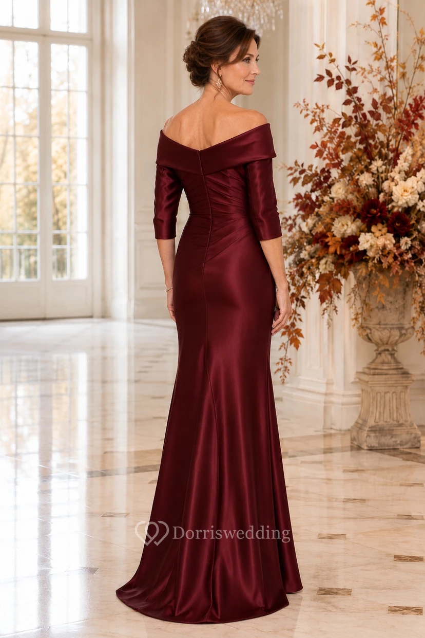 Burgunderfarbenes schulterfreies Meerjungfrauen-Kleid aus Satin für Mütter view 2