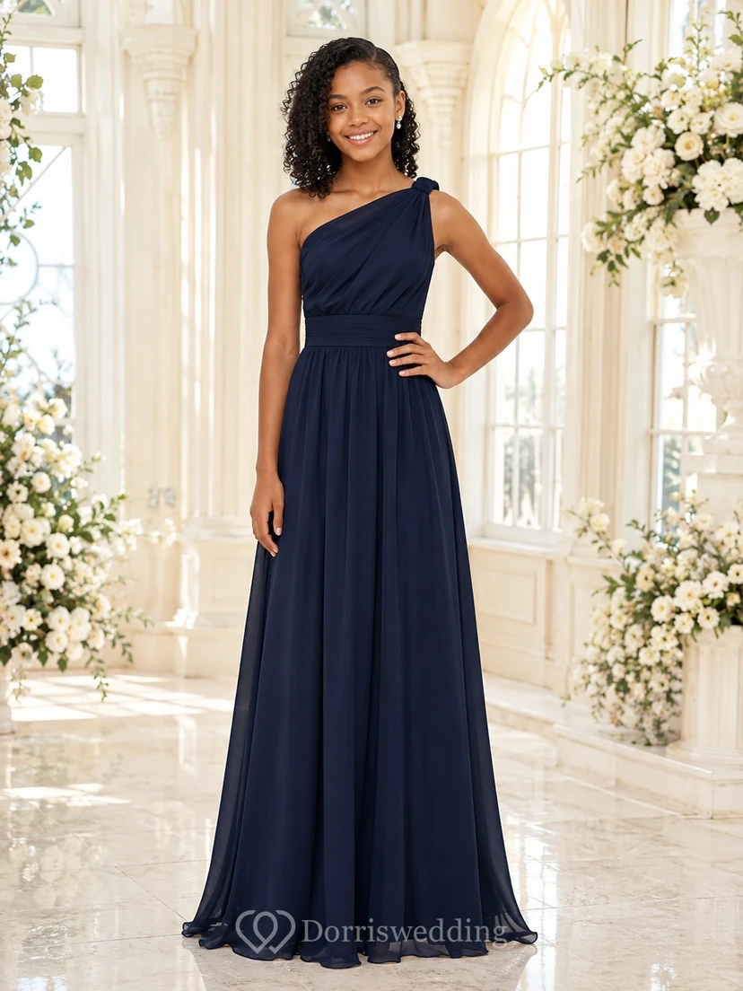 Dark Navy Junior Bridesmaid Dress A-Line One-Shoulder Sleeveless