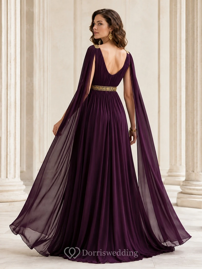 Plum V-Neck Long Sleeve Chiffon Cape A-Line Floor Evening Dress view 2
