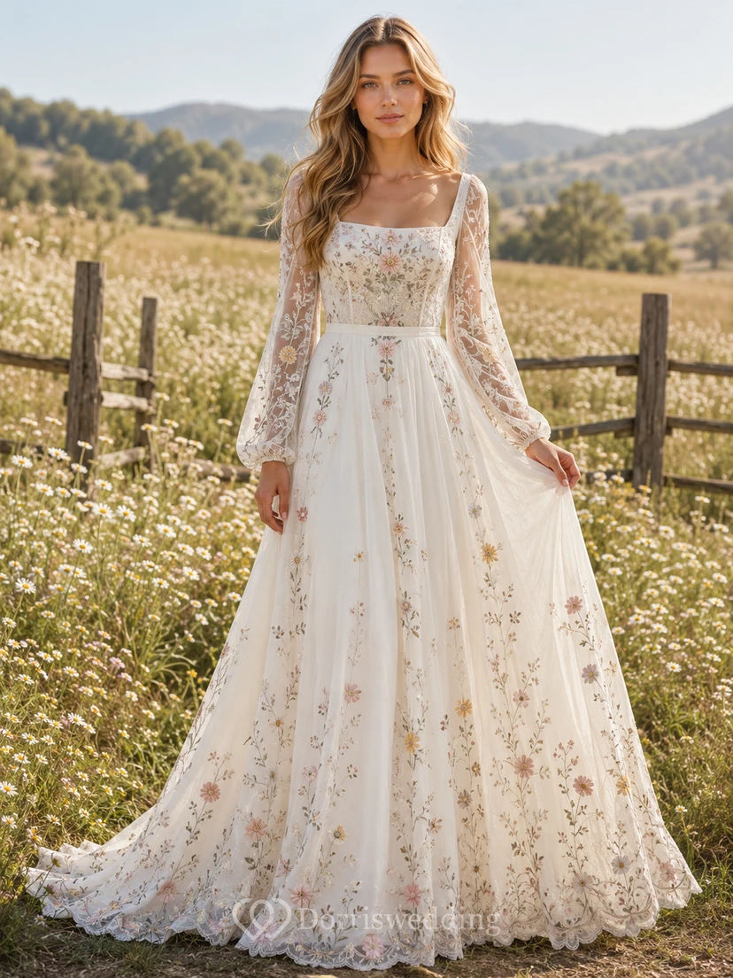 Vintage Hippie Floral Embroidered Long Sleeve Wedding Dress