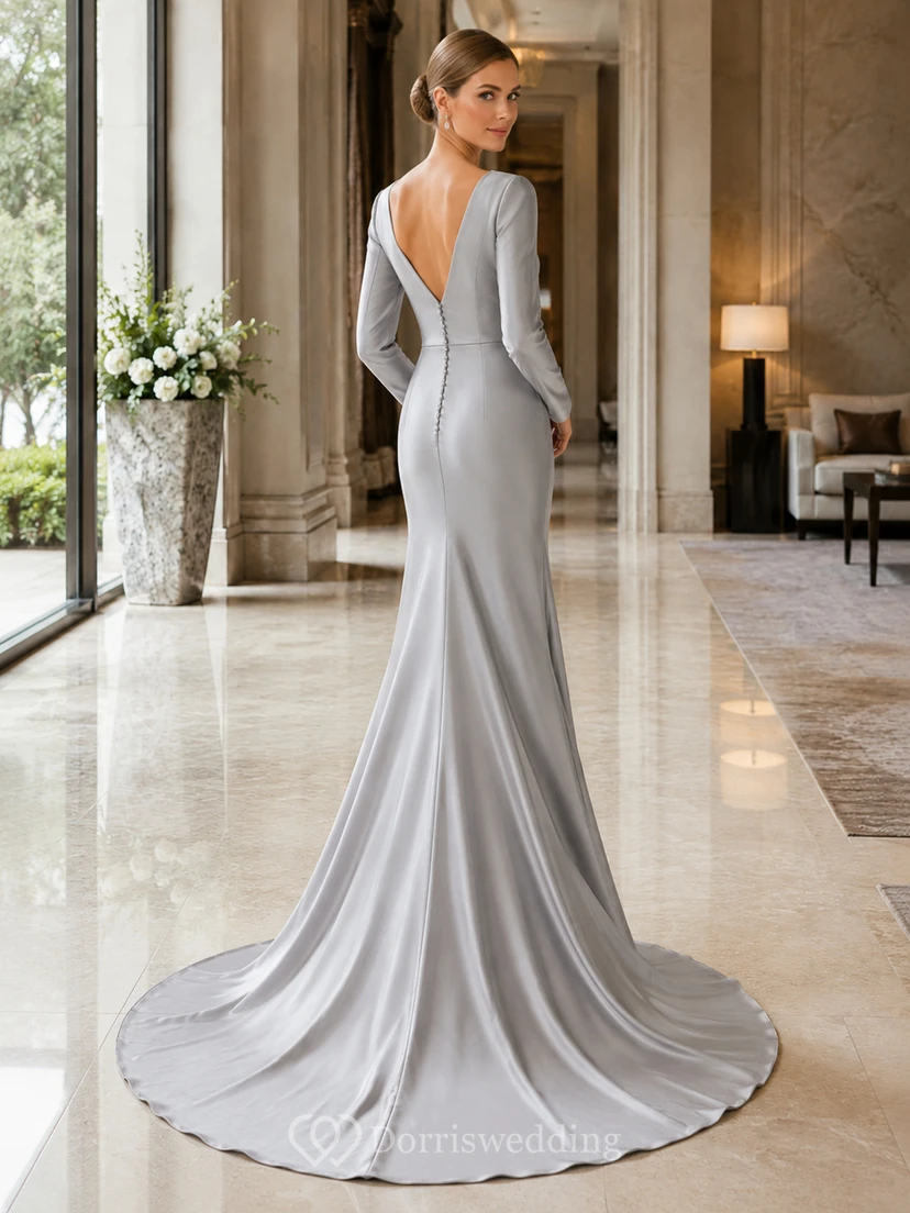 Steel Grey Bateau Long Sleeve Satin Mermaid Deep Back Wedding Gown view 2