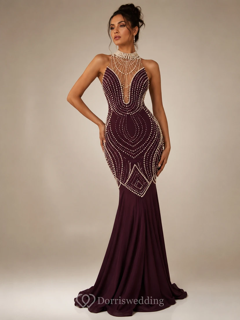 Beautiful Sleeveless Pearls Mermaid Prom Dresses Floor Length view 7