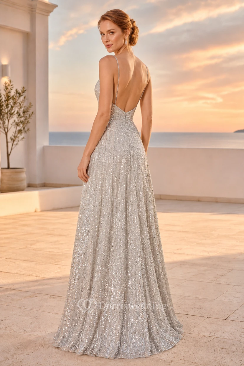 Evening Gown Silver Sequin Tulle A-Line V-Neck Sleeveless Floor Length view 2