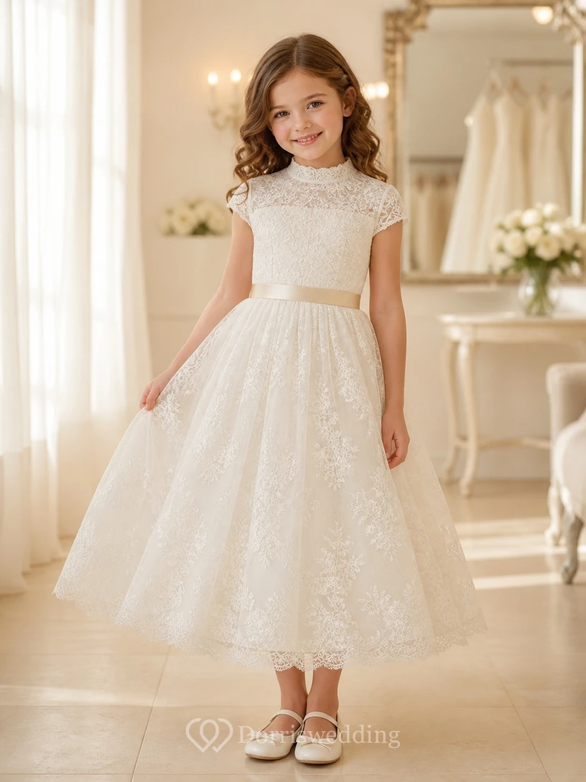 Modest Tea-length A-Line High Neck Cap Sleeve Sash Tulle Flowergirl Dress