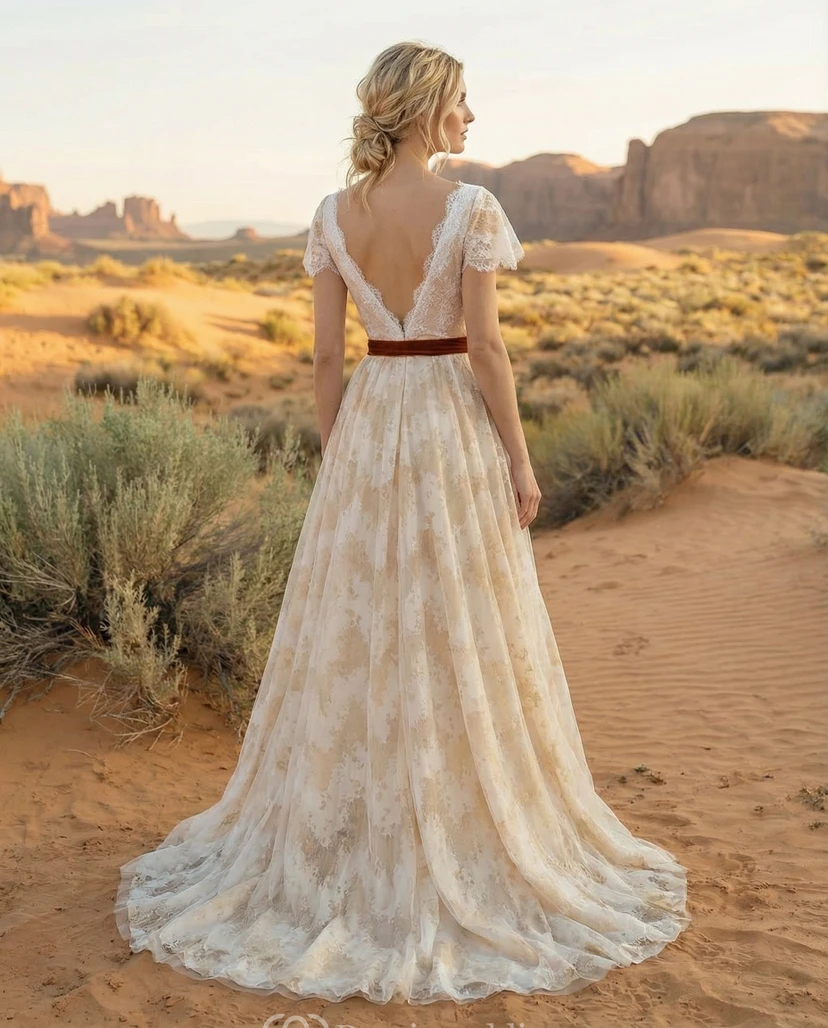 Robe de mariée champêtre bohème à col V - Robe en dentelle à manches papillon et ceinture en velours view 2