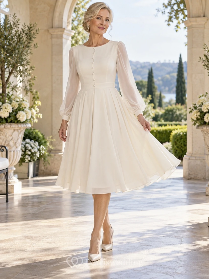Vestido de novia sencillo y discreto de gasa de manga larga hasta la rodilla para novias mayores con botones forrados.