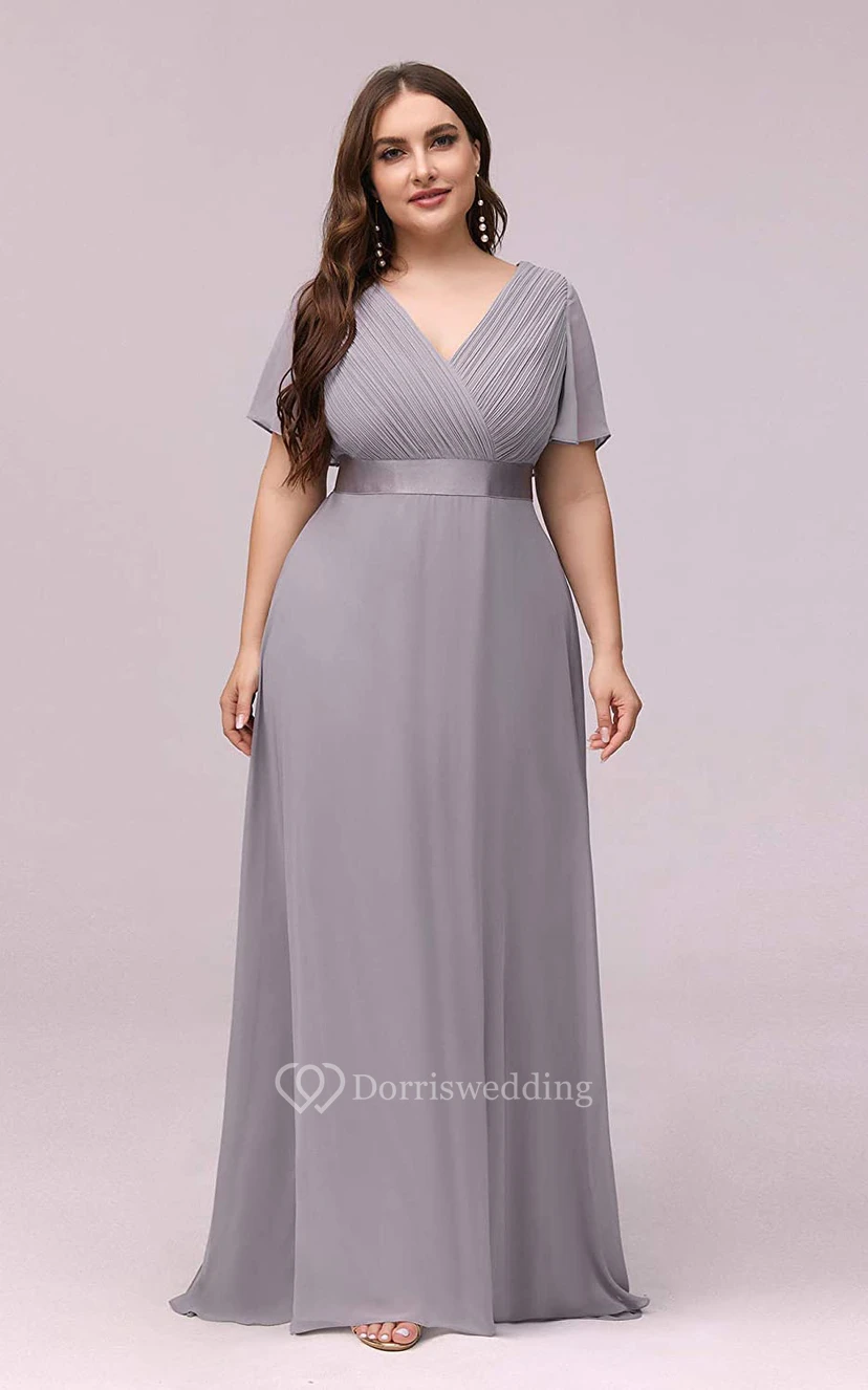 Romantic Chiffon V-neck Half Sleeve A Line Formal Dress With Criss Cross and Ruching view 10