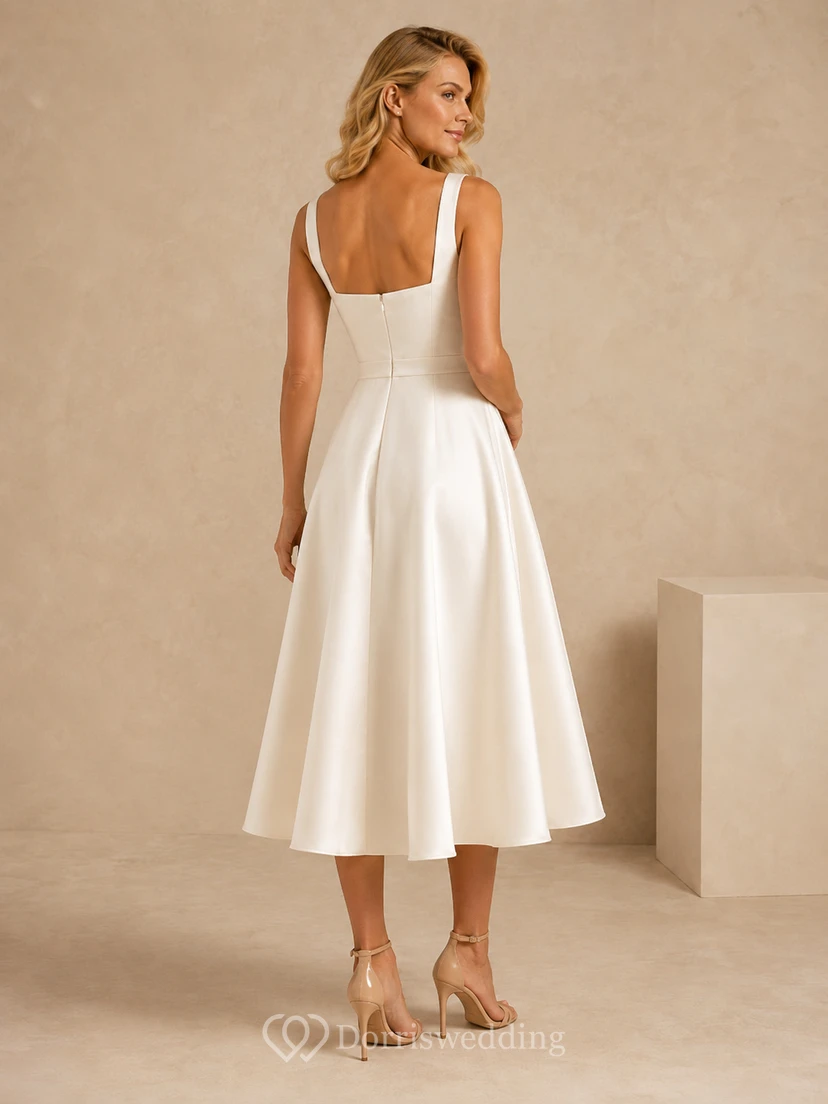 Robe de mariée minimaliste midi en satin à col carré et coupe trapèze, à prix abordable view 2