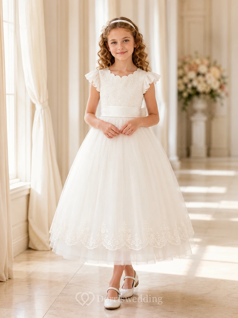 Vestido de fiesta de comunión blanco con escote corazón, mangas cortas y encaje de tul.