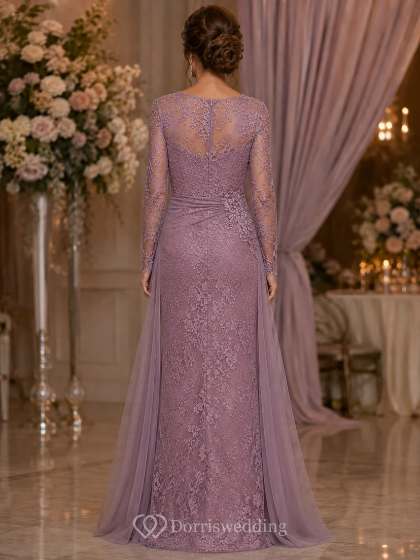 Vintage Mauve Long Sleeve Lace Mother Gown Vintage Mauve Bateau Jewel Mermaid Floor-length view 2
