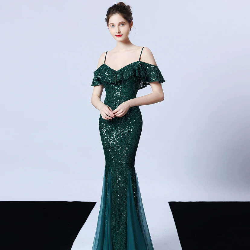 Robe de soirée élégante à franges et sequins en fil de polyester, style sirène, idéale pour un banquet ou une occasion spéciale automne. view 38