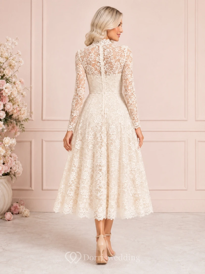 Romantic Ivory Lace A-Line Tea-Length Long Sleeve Formal Dress view 2