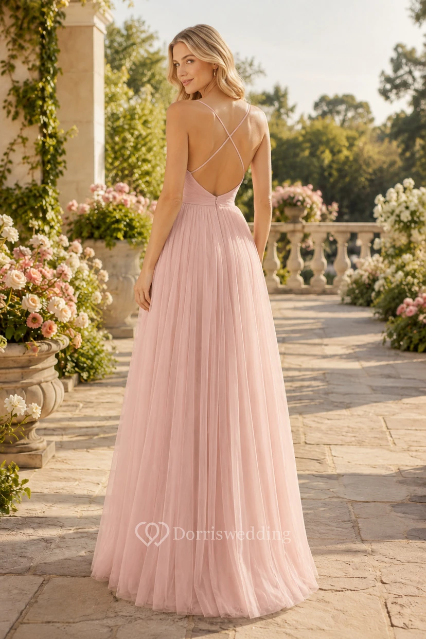 Plus Size Brautjungfernkleid in zartem Rosa mit Spaghettiträgern, A-Linie und gekreuztem Rückenausschnitt view 2