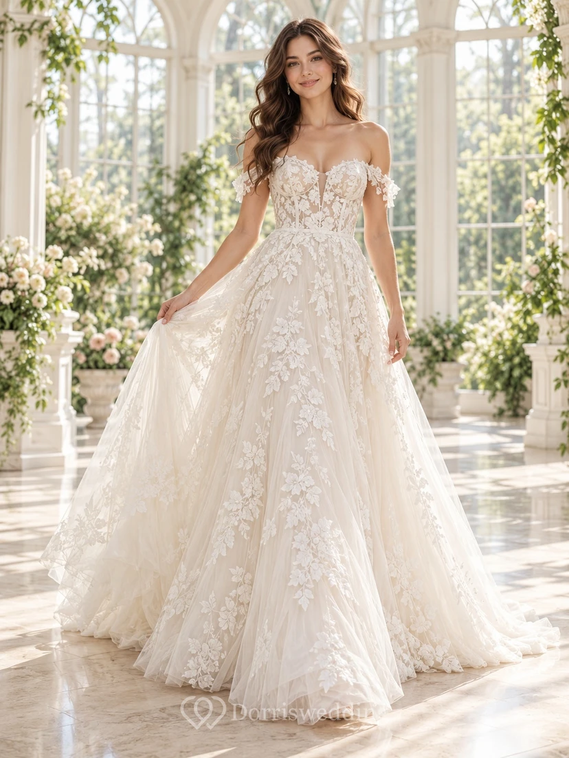 Off Shoulder Sweetheart Floral Lace Full A-Line Wedding Dress