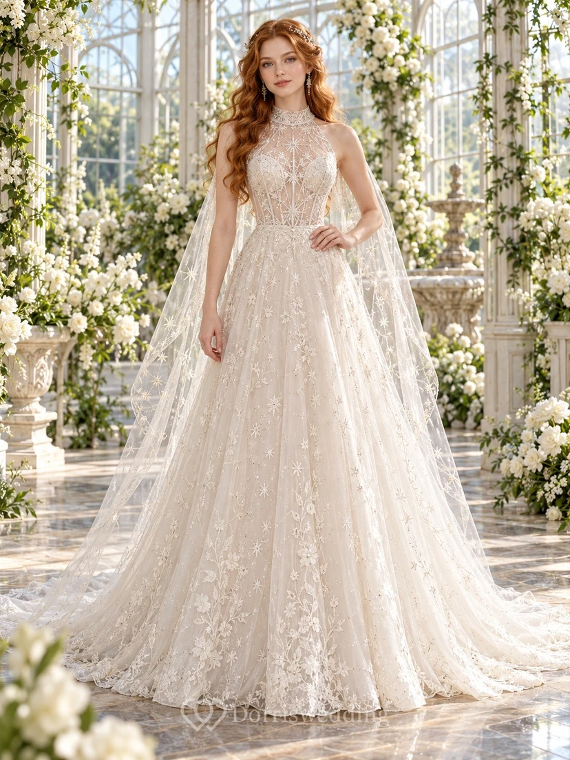 Robe de mariée féerique à col montant dos nu, cape en dentelle perlée et coupe trapèze