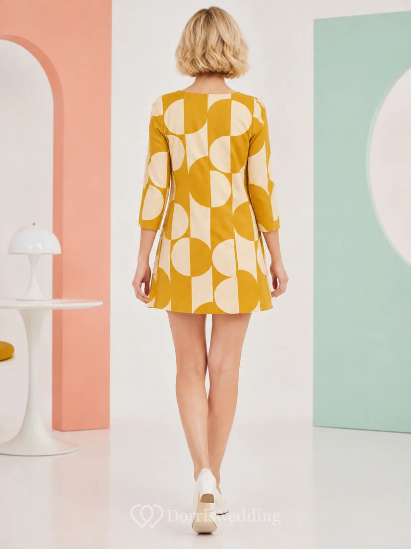 Minikleid im modernen Vintage-Stil mit geometrischem Narzissenmuster, U-Boot-Ausschnitt und Dreiviertelärmeln view 2