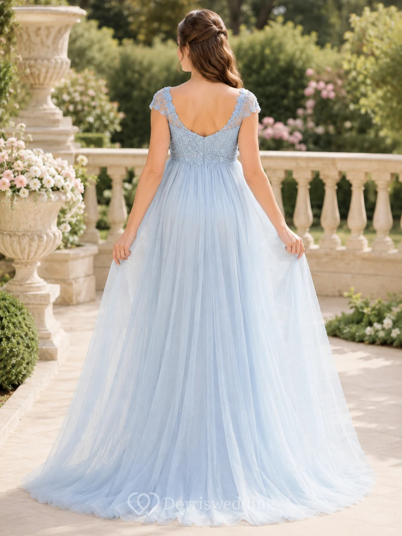 Blue Maternity Princess Scoop Neck Cap Sleeve Tulle Empire Wedding Dress view 2