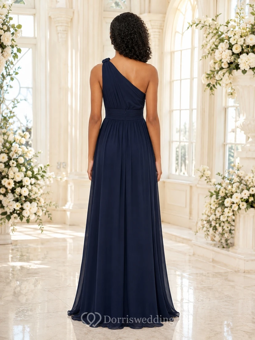 Dark Navy Junior Bridesmaid Dress A-Line One-Shoulder Sleeveless view 2