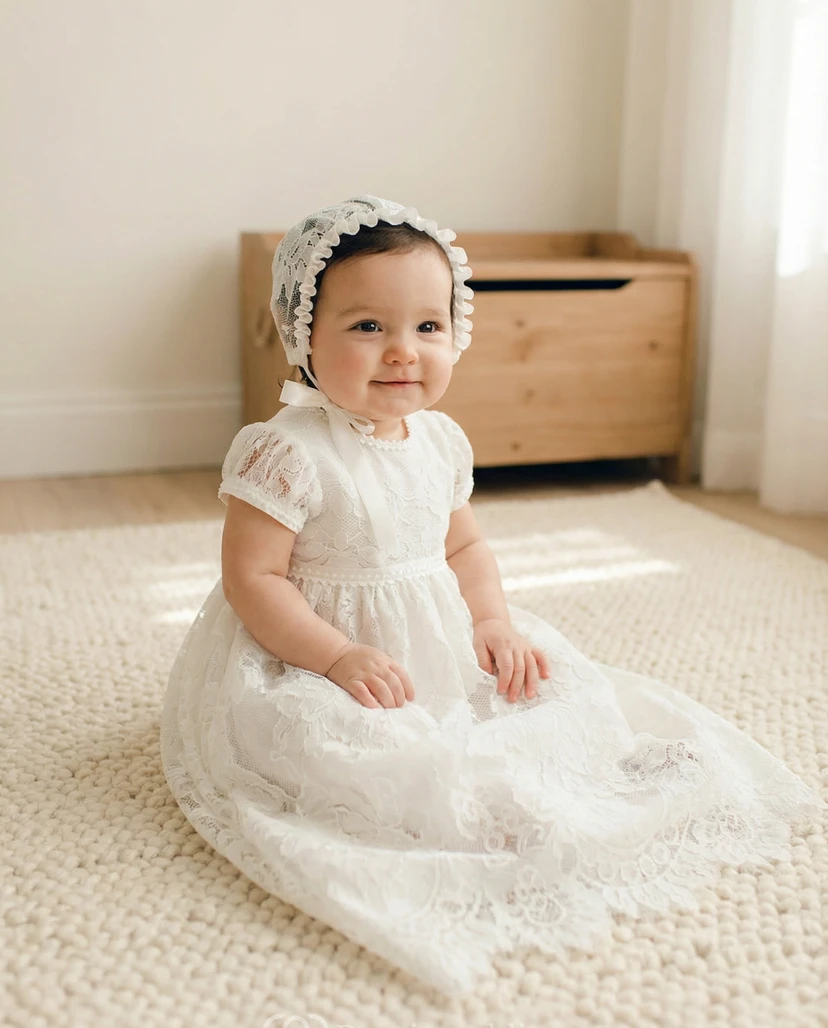 White Baby Flower Girl Dress Lace Bodice Short Sleeve Christening Gown view 3