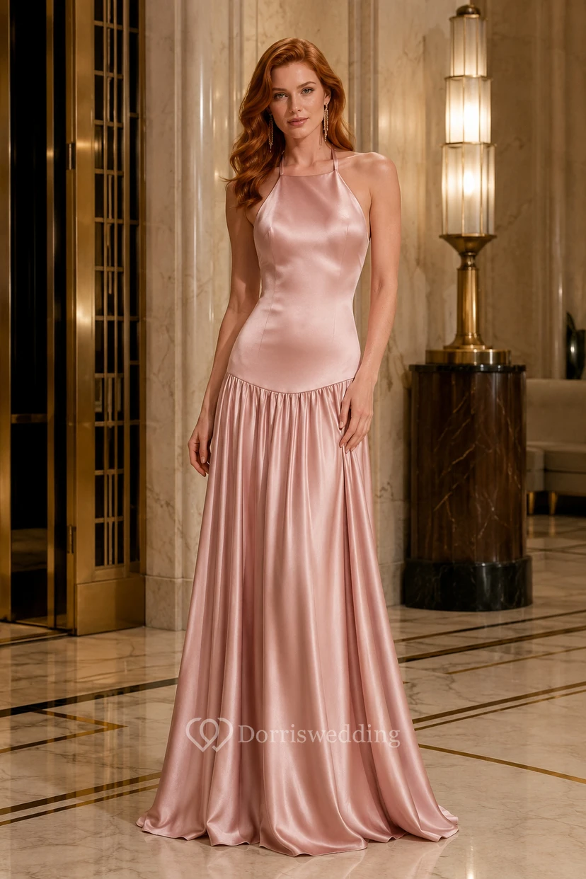 Abendkleid aus rosafarbenem Satin mit tiefer Taille und A-Linien-Schnitt