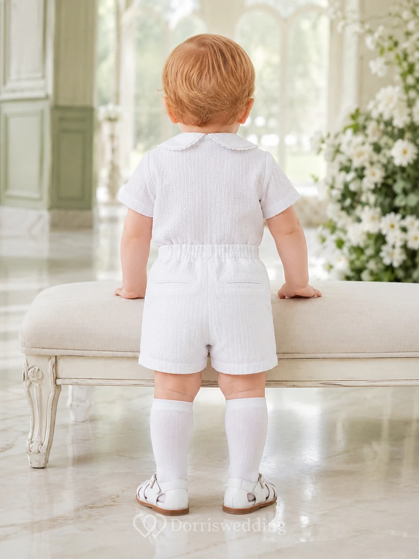 Conjunto de bautizo de dos piezas para bebé niño, con cuello Peter y mangas cortas, de encaje blanco. view 2