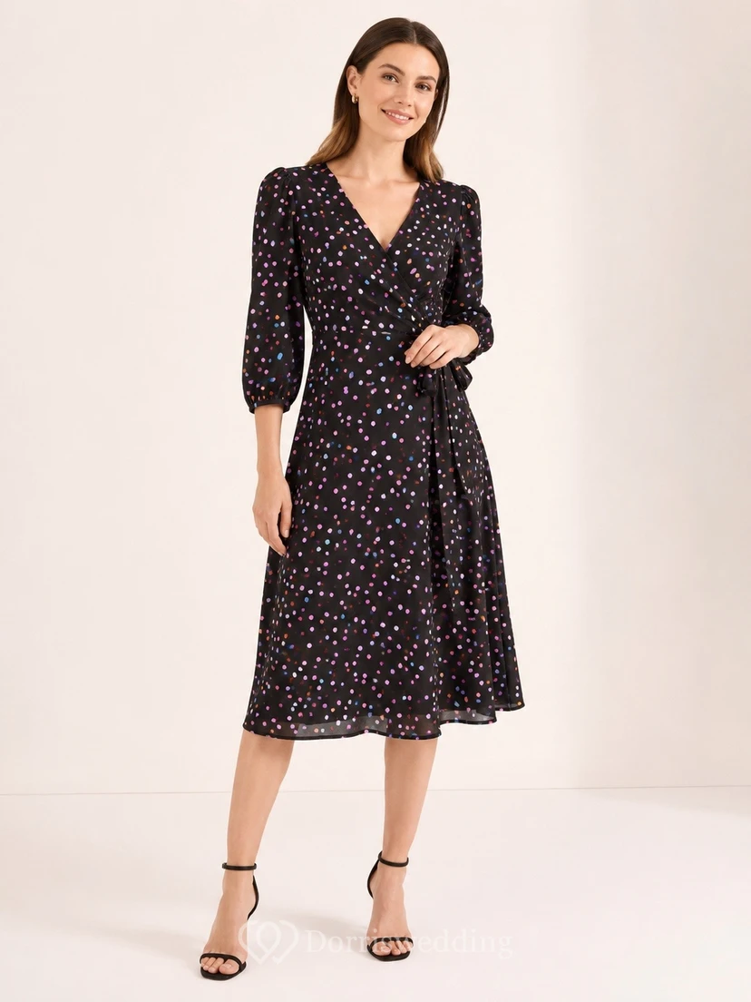 Robe cocktail noire décontractée à fleurs, col en V, longueur thé
