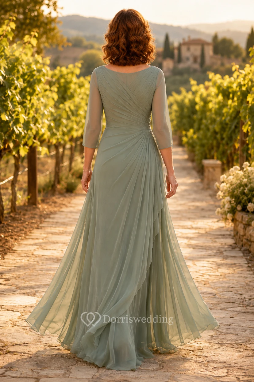 Salbeigrünes Chiffon-Kleid in A-Linie mit Rundhalsausschnitt und Dreiviertelärmeln view 2