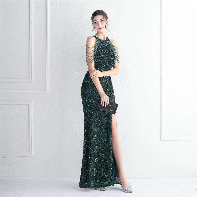 Heavy-Duty Glass Bead Craft Beaded Banquet Evening Dress Temperament Elegant Long Halter Neck Slit Sequins view 24