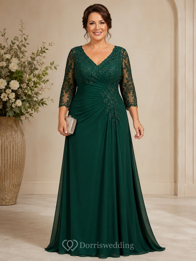 Dark Green V Neck Lace Mother Gown Dark Green V-neck A-Line Floor-length