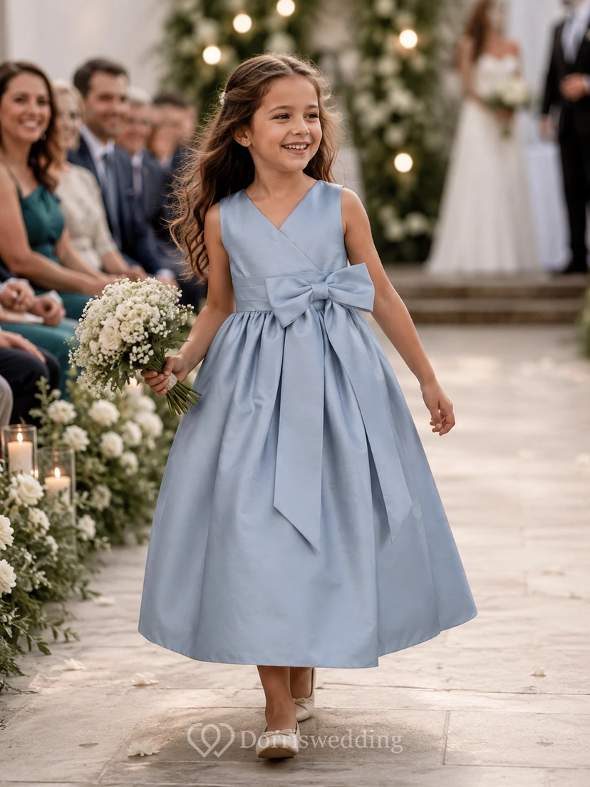 V-Neck Bowed Sleeveless Flower Girl Dress view 3